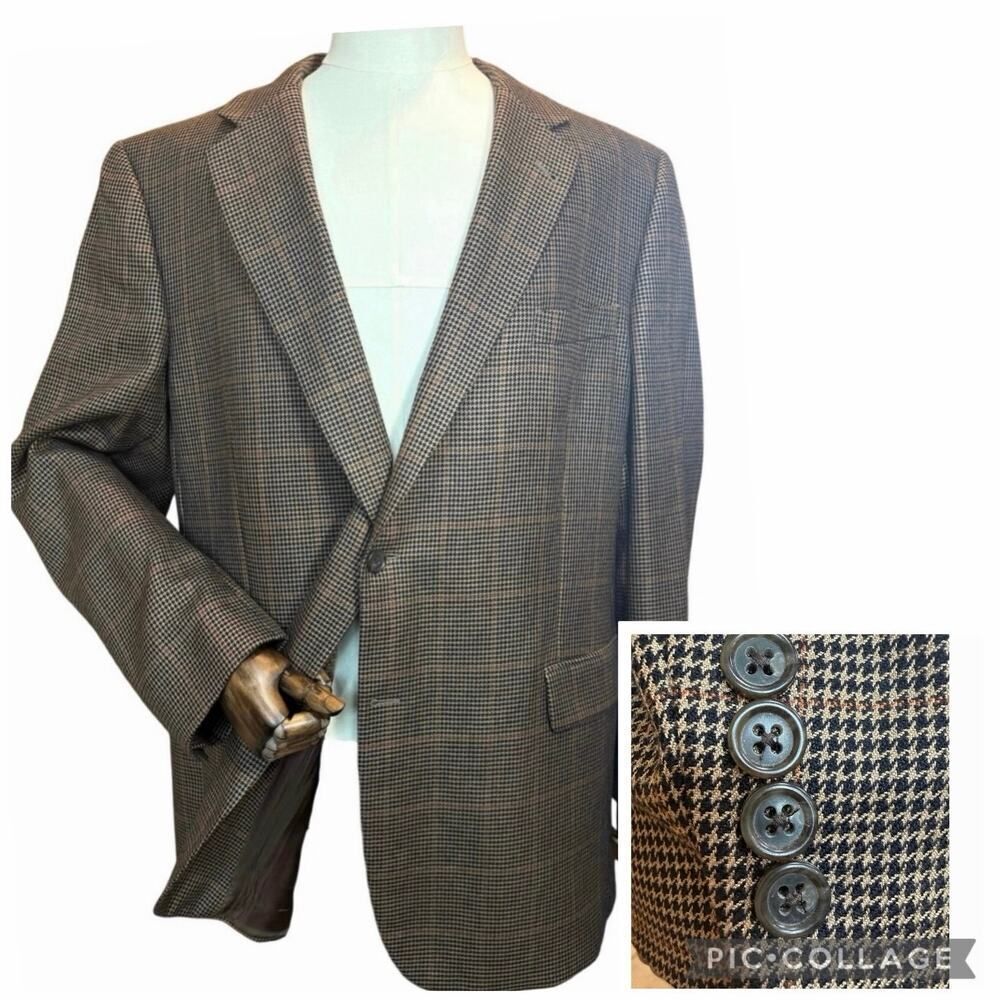 Jos. A. Bank Signature Blazer 48L Silk Camel Hair Sport Coat Brown Houndstooth